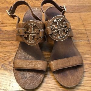 Tory Burch brown leather open toe wedge sandals